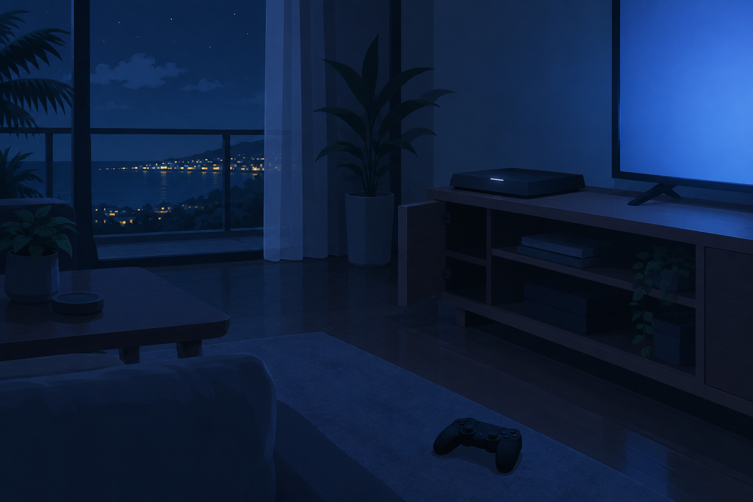 夜のリビングで、壁から離して風通しよく置かれた黒い据置ゲーム機が静かに動いている情景のイラスト