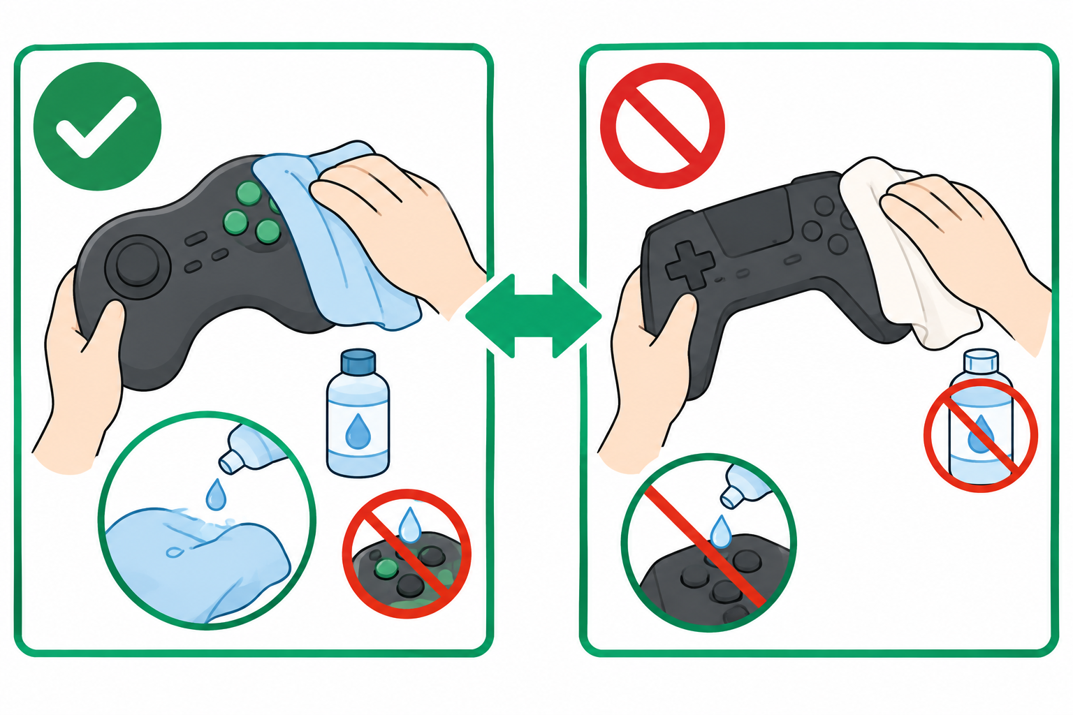 メーカーによって固く絞った布と乾いた布、アルコールの可否が逆になるコントローラーの拭き方を比べた図