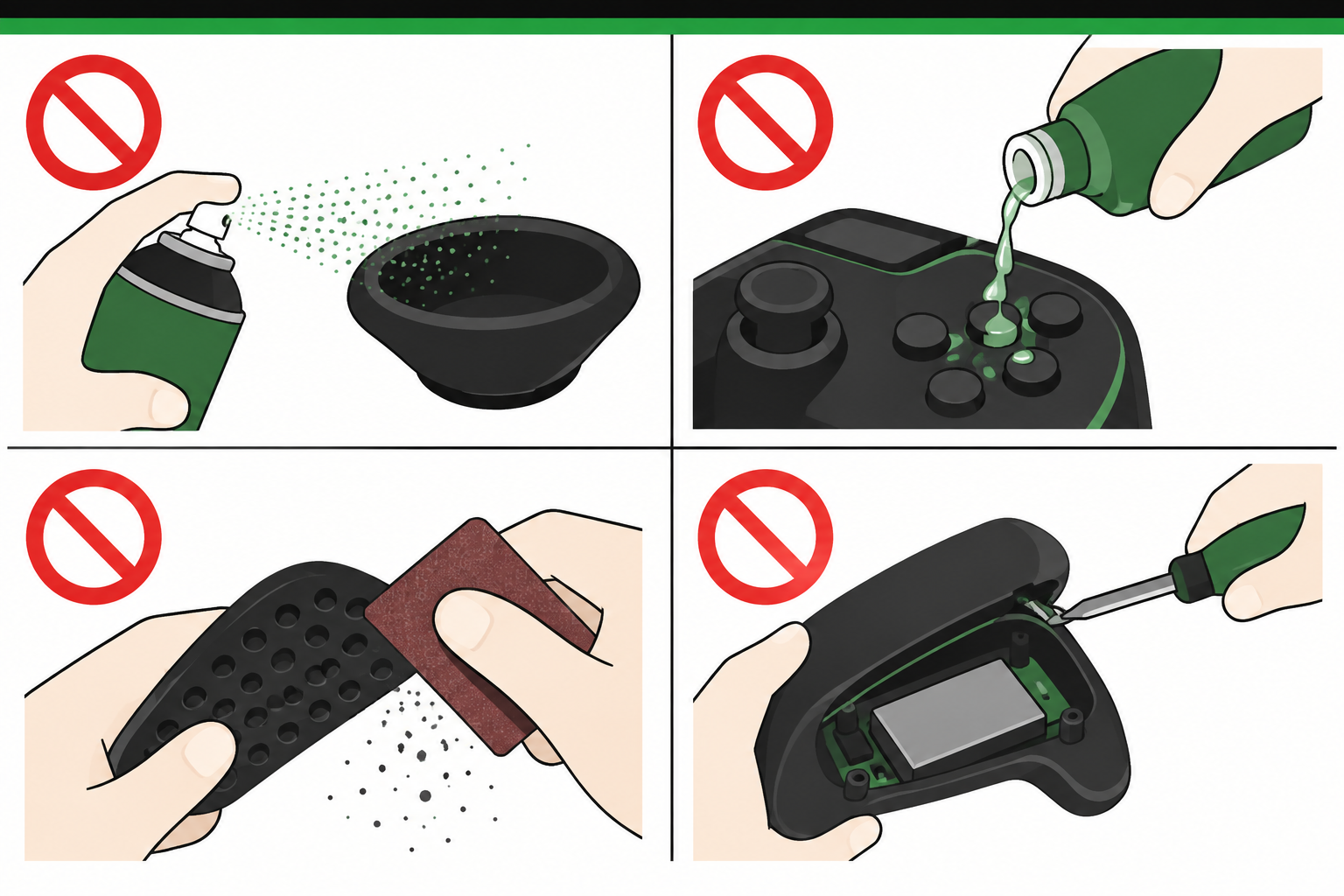 ボタンに接点復活スプレーを吹く、すき間に液体を流す、紙やすりで磨く、自分で開けるといったやってはいけないことを示した図