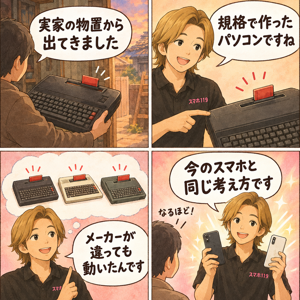 実家の物置から出てきたキーボード一体型の古いパソコンを見て、メーカーが違っても同じソフトが動いた規格の話を専務が解説する4コマ漫画