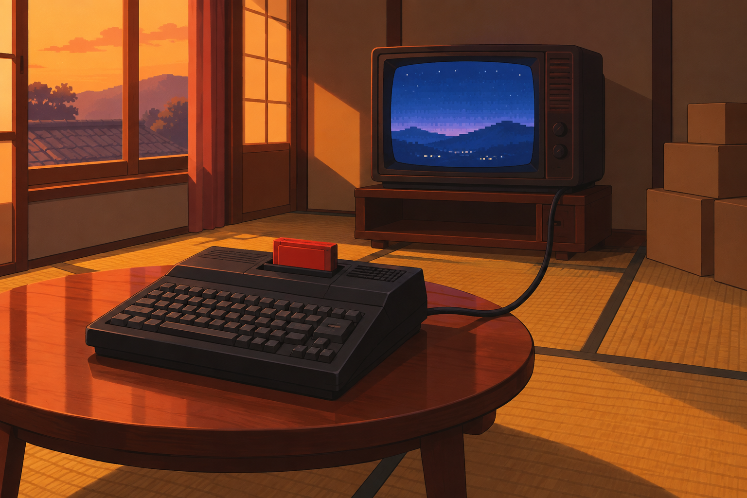 1980年代の居間でブラウン管テレビにつながれたキーボード一体型のパソコンと赤いカートリッジを描いた情景イラスト