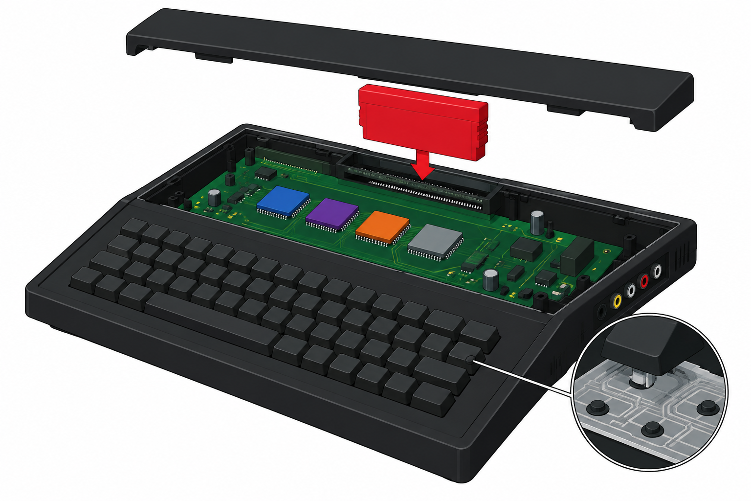 キーボード一体型パソコンの中身として基板のチップ、上面の差し込み口、キーの裏のフィルム配線と導電ゴムを示す図