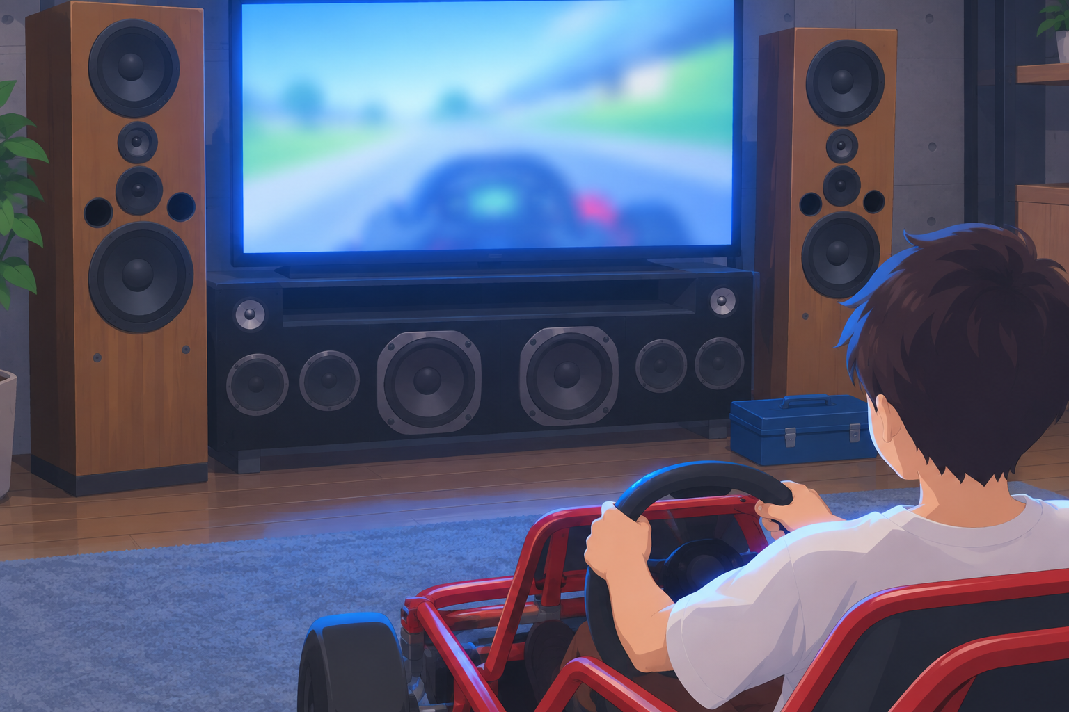 テレビの前で赤いフレームに座りハンドルを握る後輩を斜め後ろから描いたイラスト