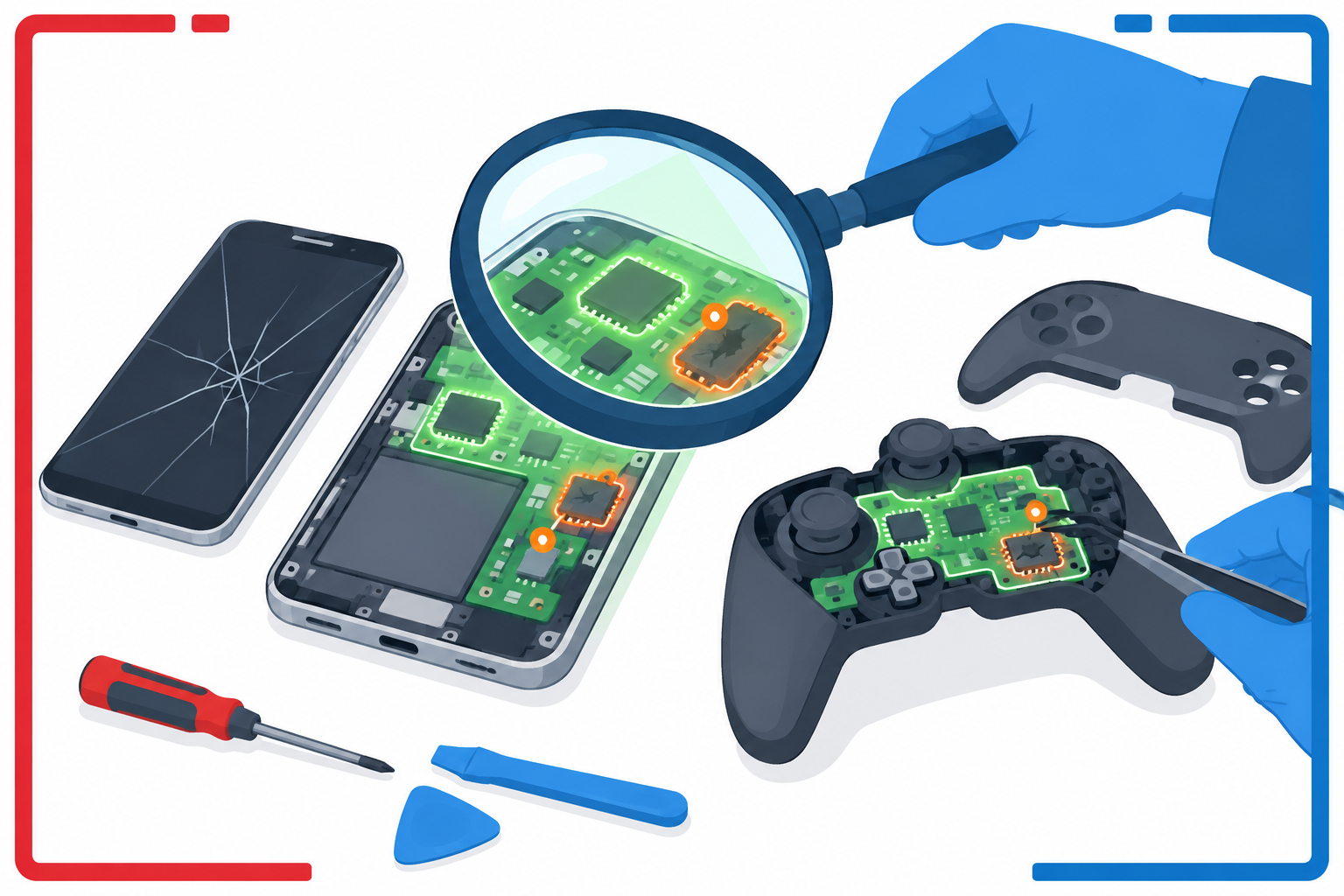 修理屋が壊れたスマホやゲーム機の中のまだ使える部分を見分けることを表した図