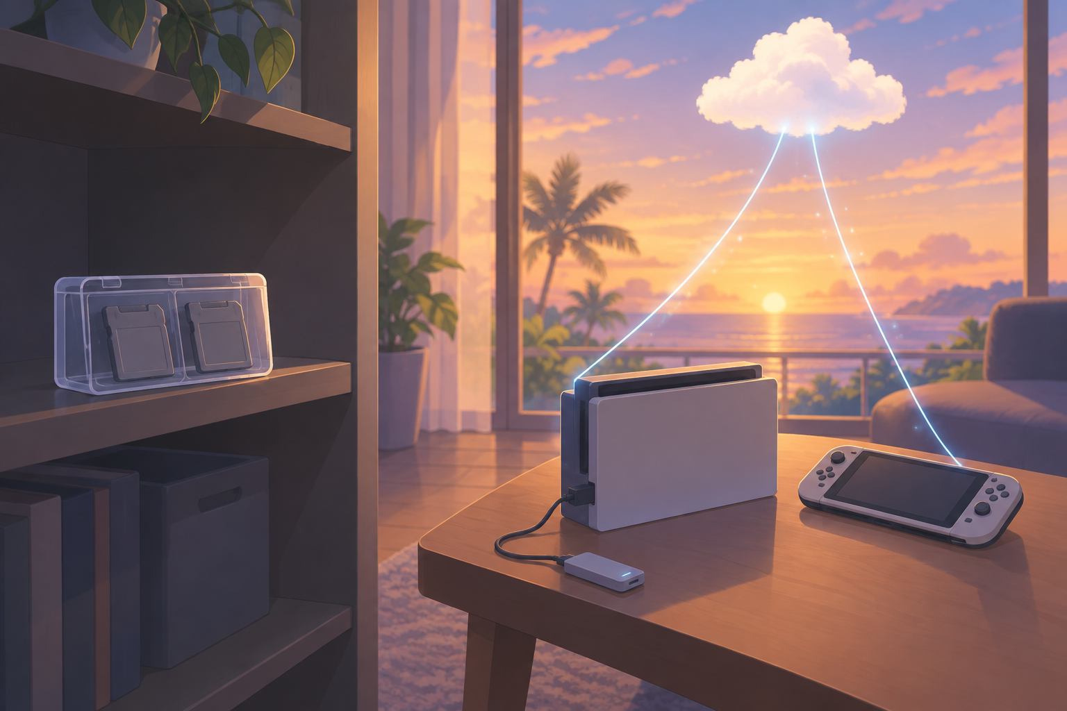 棚のケースにしまった古いメモリーカードと、今のゲーム機のセーブが雲とUSBドライブへ預けられている夕方のリビングの情景