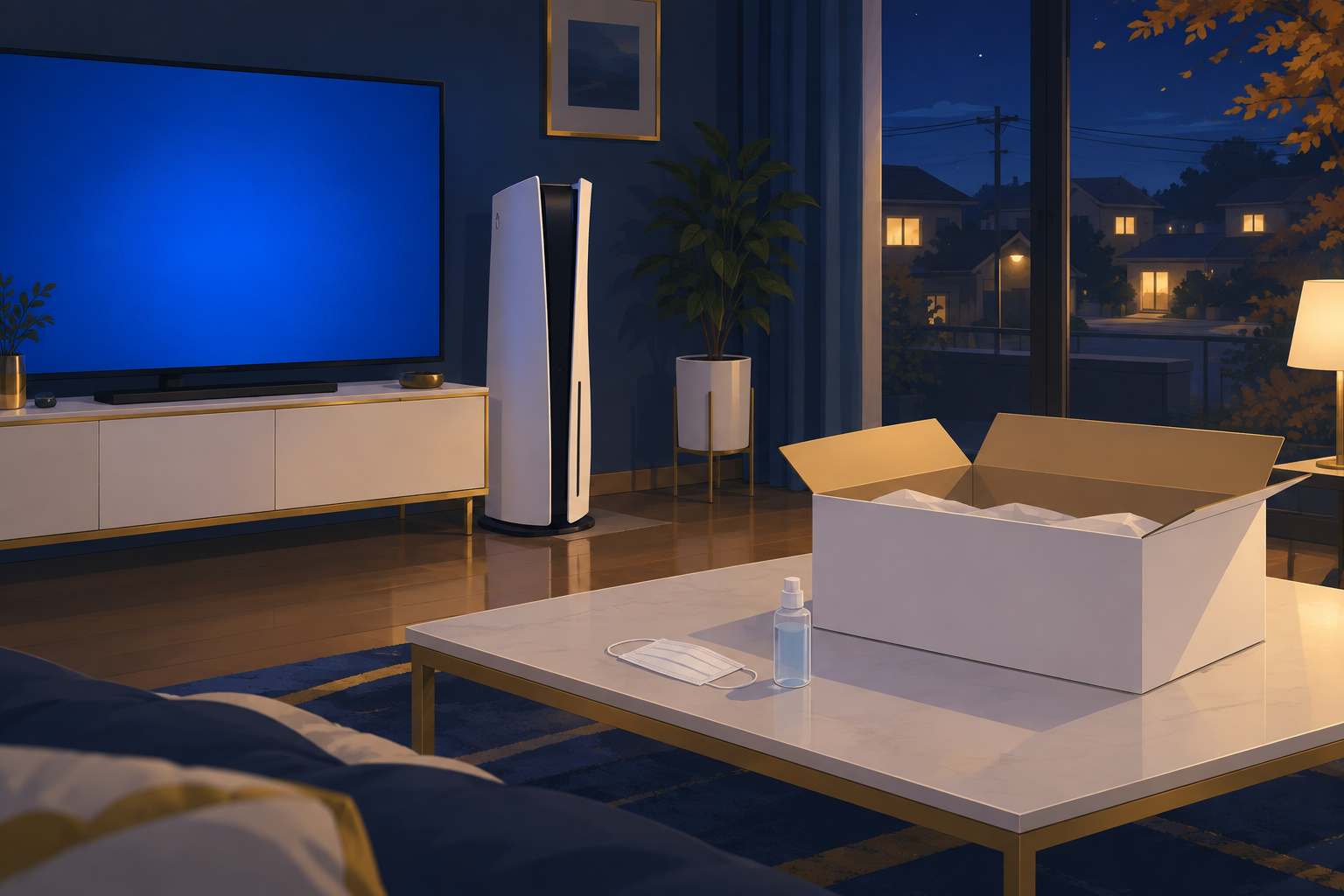 2020年の秋の夜、リビングに届いたばかりの大型の据置ゲーム機とマスクが置かれた情景イラスト