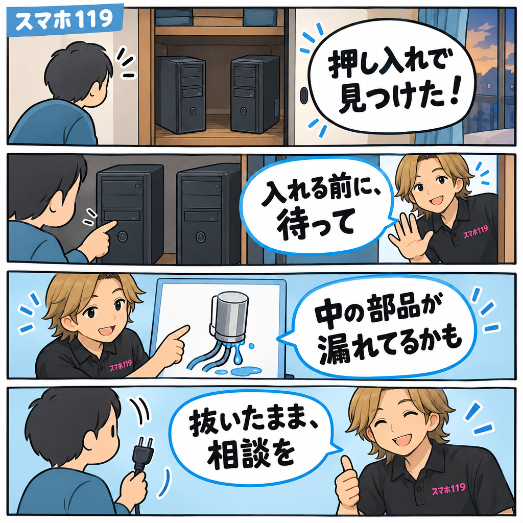 押し入れで見つけた古いパソコンの電源を入れかけたお客さんを、専務が止めて相談をすすめる4コマ漫画