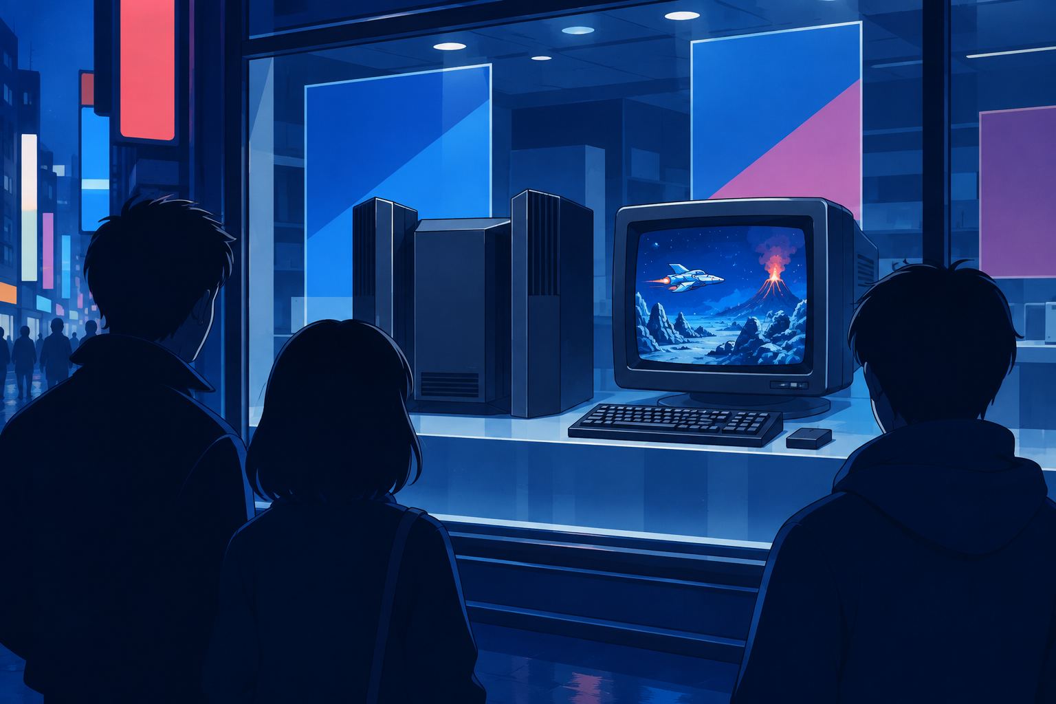 1980年代の夜の店頭で、ツインタワー形のパソコンの横のモニターがシューティングゲームを映している情景イラスト