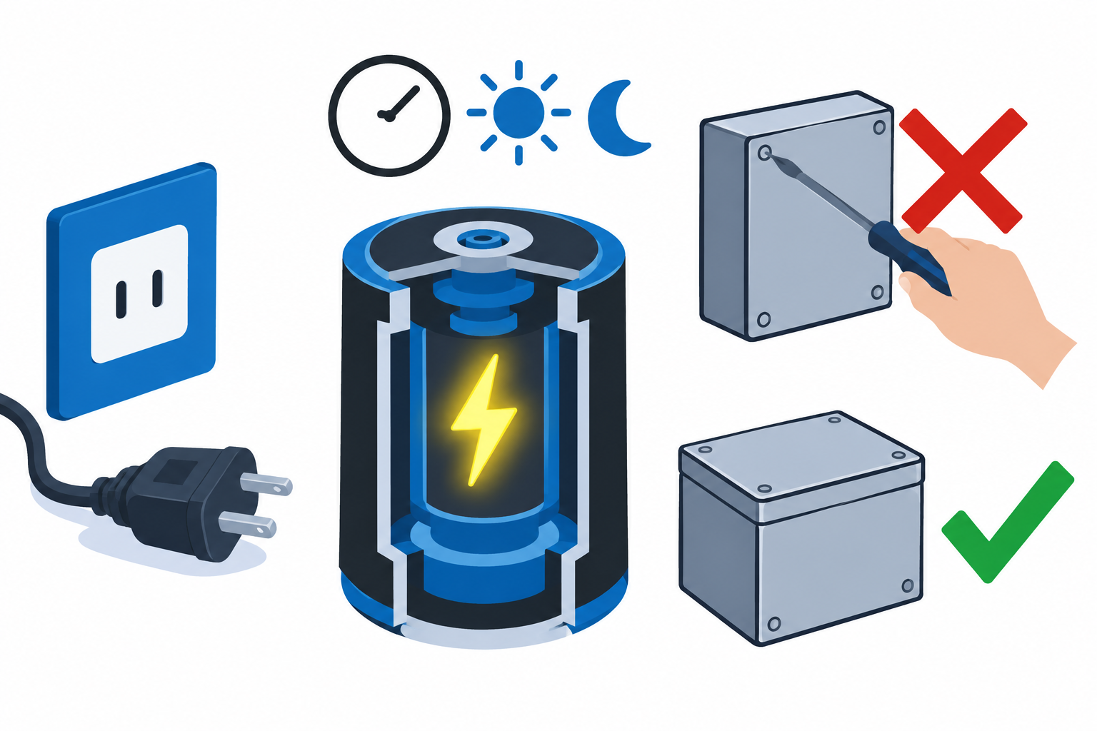 コンセントを抜いても電源のコンデンサに電気が残ることがあるので、電源の箱を開けないことを示す注意図