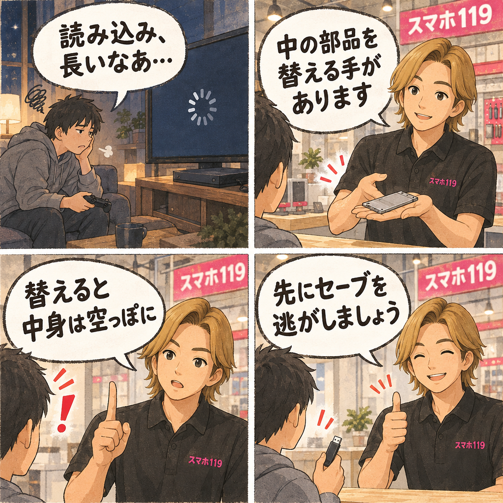 ゲーム機の記録装置を替える前に、先にセーブを逃がすことを伝える4コマ漫画