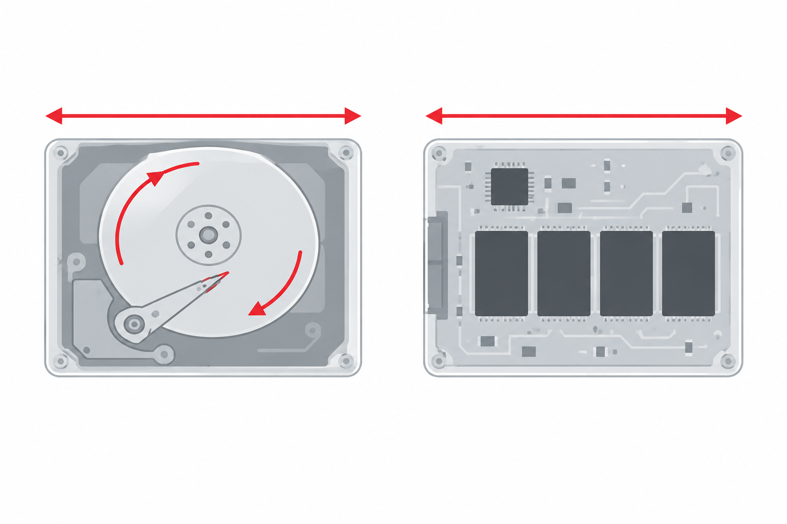 円盤を回すHDDと、チップが並ぶだけのSSDが同じ2.5インチの大きさであることを示す図