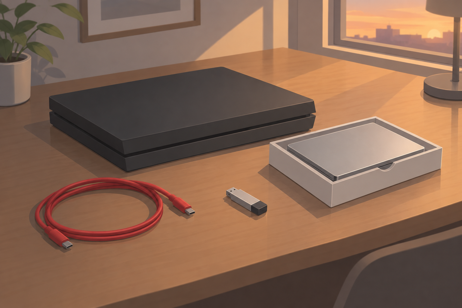 家の机に、閉じた据置ゲーム機と箱入りのSSD、USBメモリが並ぶ、作業の前の情景イラスト