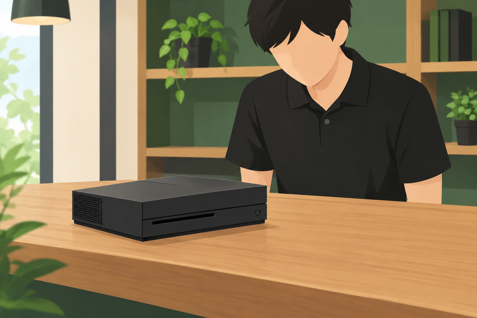 古いゲーム機を持ち込むお客さんと、見て相談に乗る店のカウンターのやさしい情景イラスト