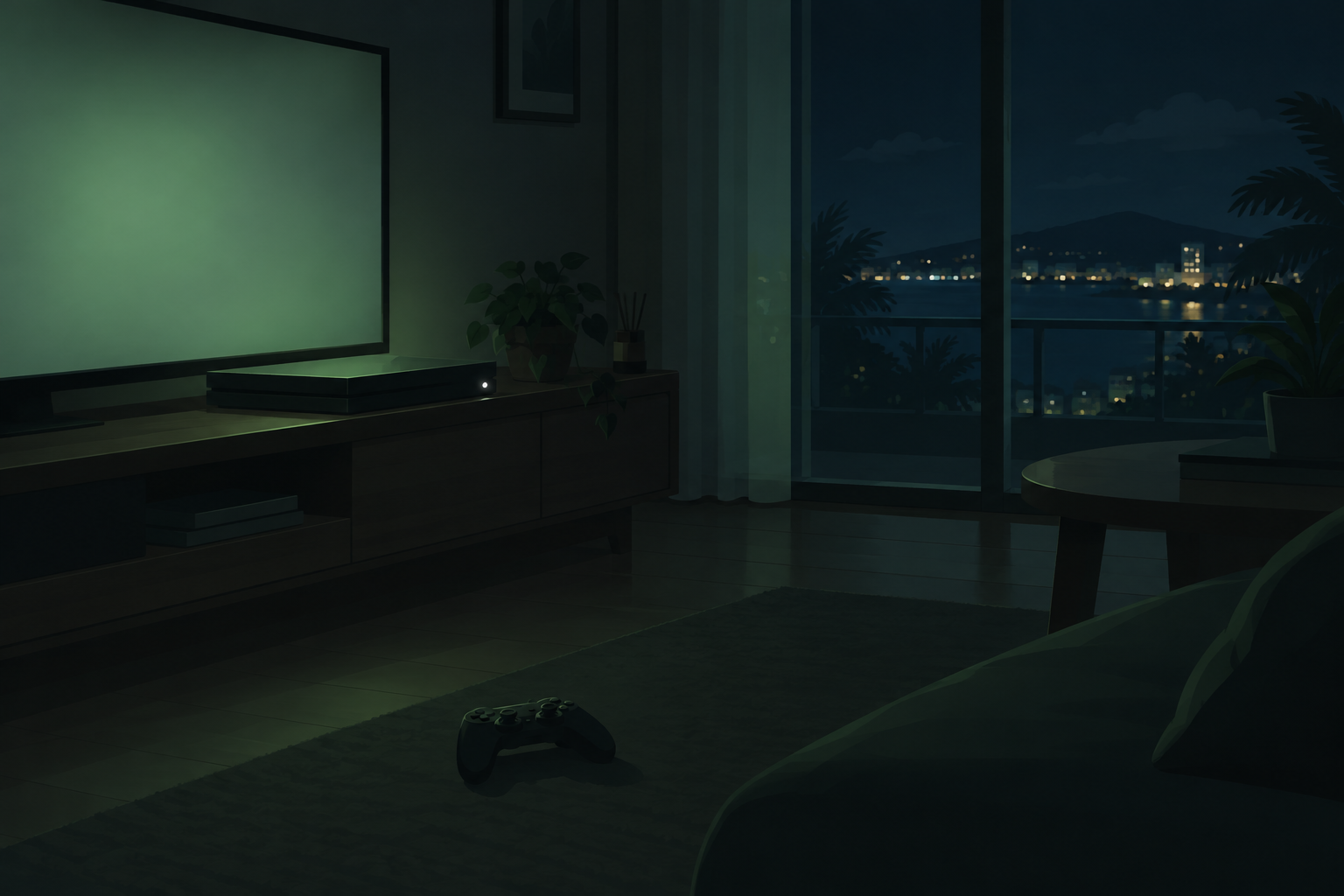 夜のリビングで、黒い据置ゲーム機が静かに置かれ、テレビがやわらかく光っている情景のイラスト