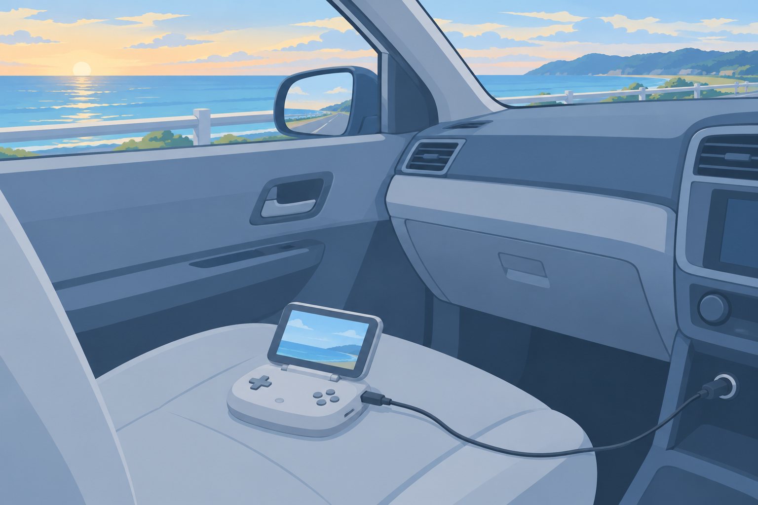 小さな本体に小さな液晶モニターを取り付けて、車の中で使うイメージを表した情景イラスト