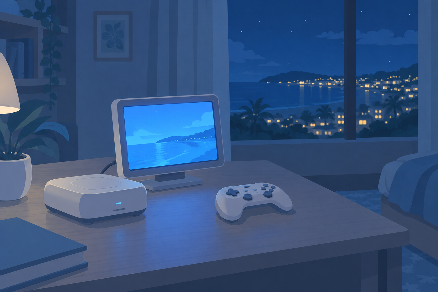 夜の部屋で、小さなライトグレーのゲーム機と小さな液晶がやさしく灯っている情景のイラスト
