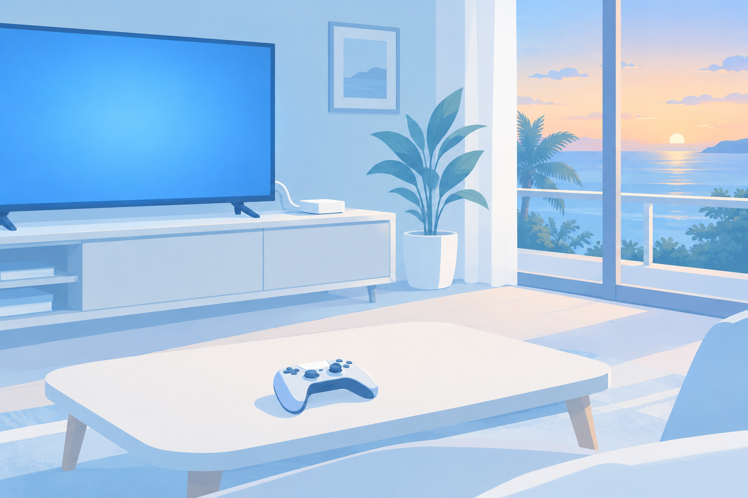 画面のない小さな箱をテレビにHDMIケーブルでつなぎ、コントローラーで遊ぶ様子の情景イラスト