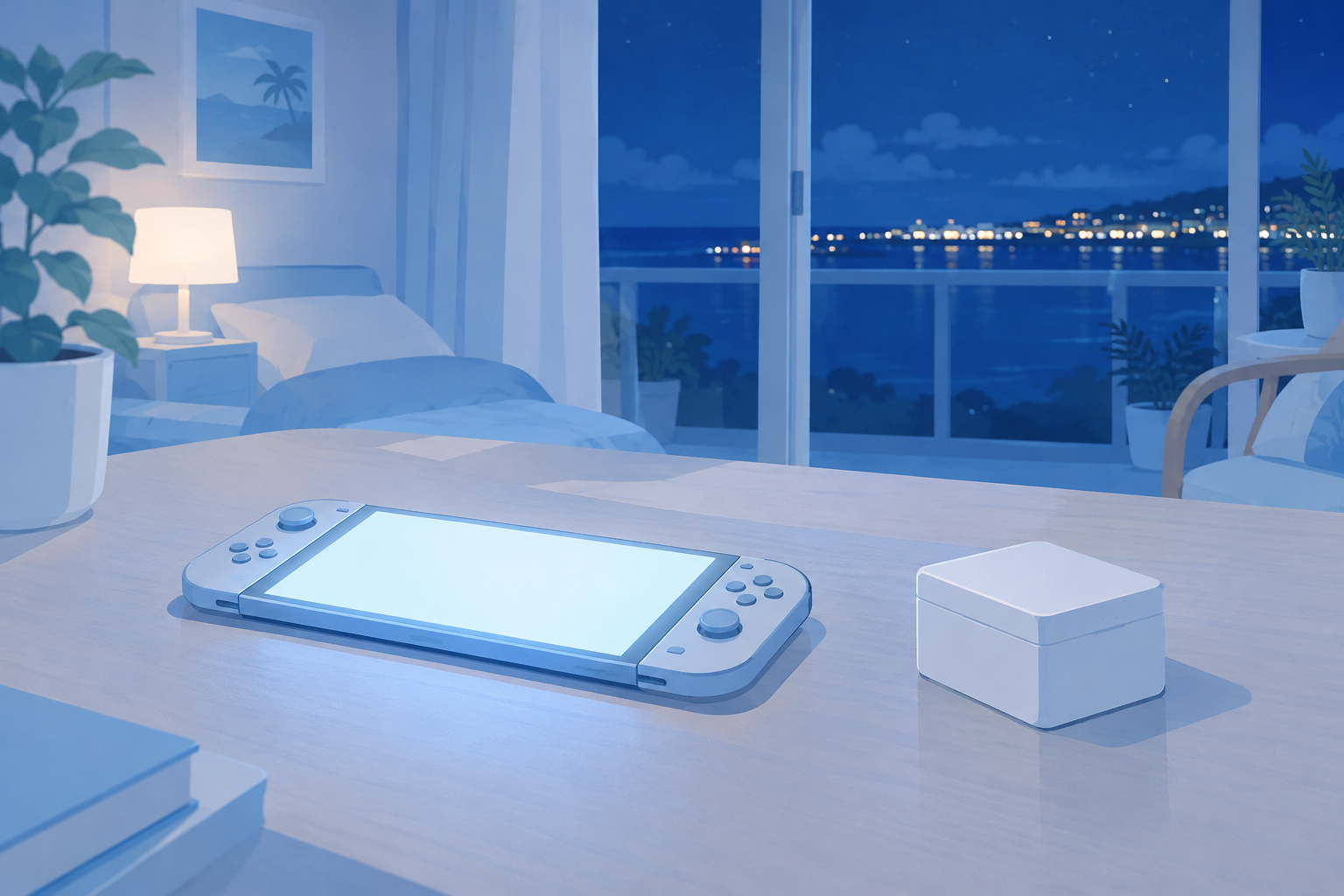 夜の部屋で、薄い携帯ゲーム機が机の上でやさしく光っている情景のイラスト