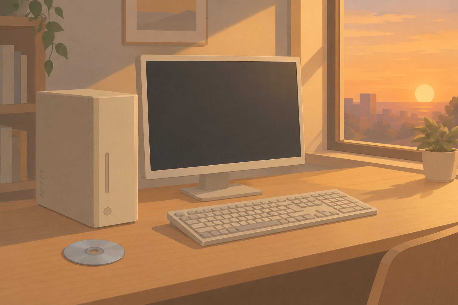 夕方の部屋の机で、ベージュ色の古いパソコンが静かに置かれている情景のイラスト