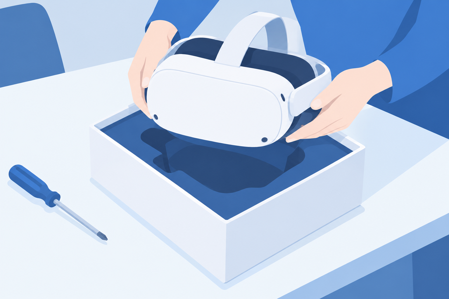 精密なヘッドセットを自分で分解せず、そっと箱に戻す手元の情景イラスト