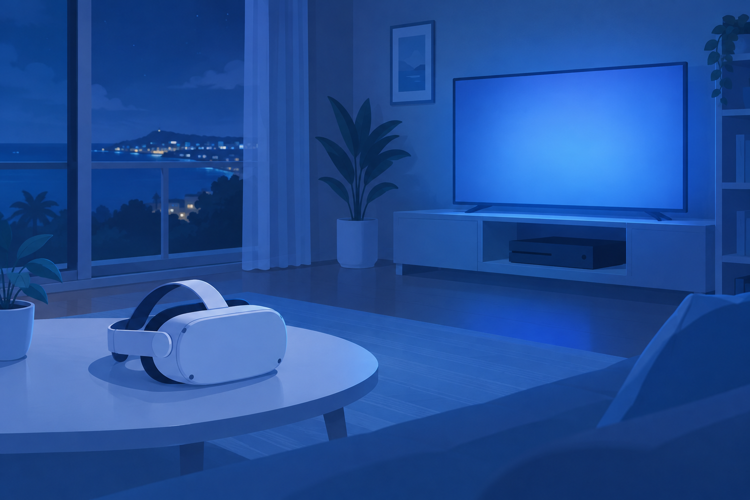 夜のリビングで、白いVRヘッドセットがテーブルに置かれ、テレビがやさしく青く光っている情景のイラスト