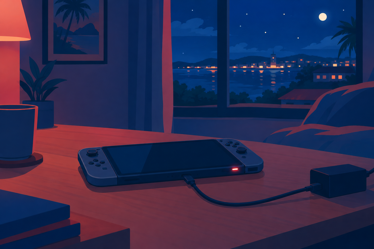 夜の部屋で、薄い携帯ゲーム機が充電されながらやさしく光っている情景のイラスト