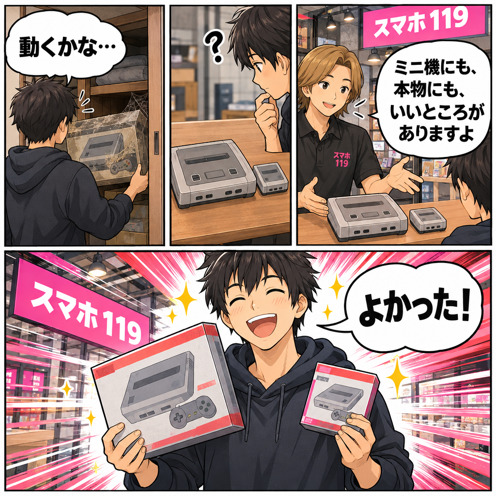 押し入れの本物と小さなミニ機を見比べて、どちらで遊ぶか迷う4コマ漫画