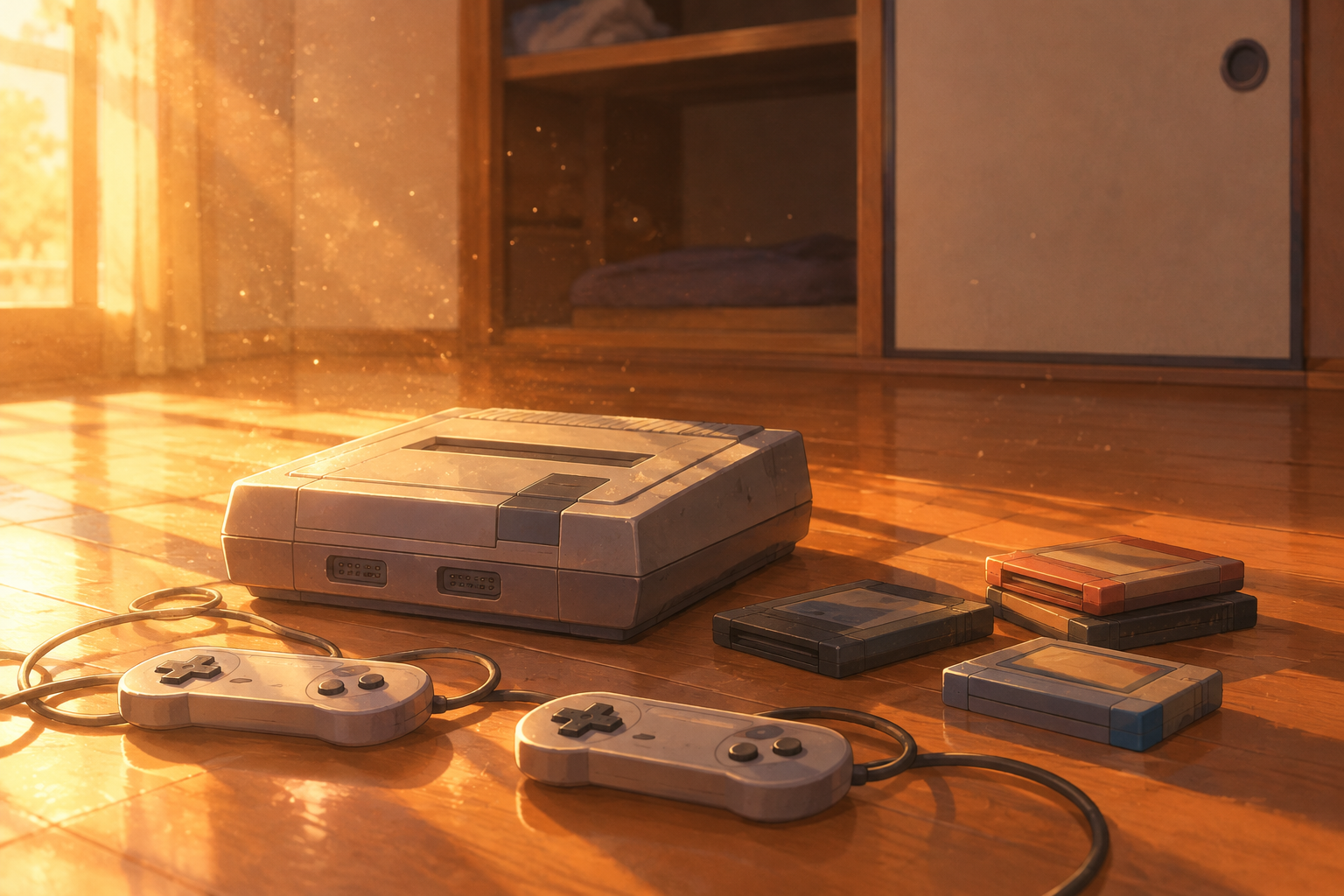 押し入れの奥から取り出した古いゲーム機とカセットが床に並ぶ情景