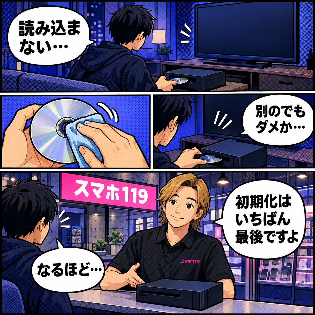 ゲーム機がディスクを読まず、公式の順番で切り分けてから店に相談する4コマ漫画