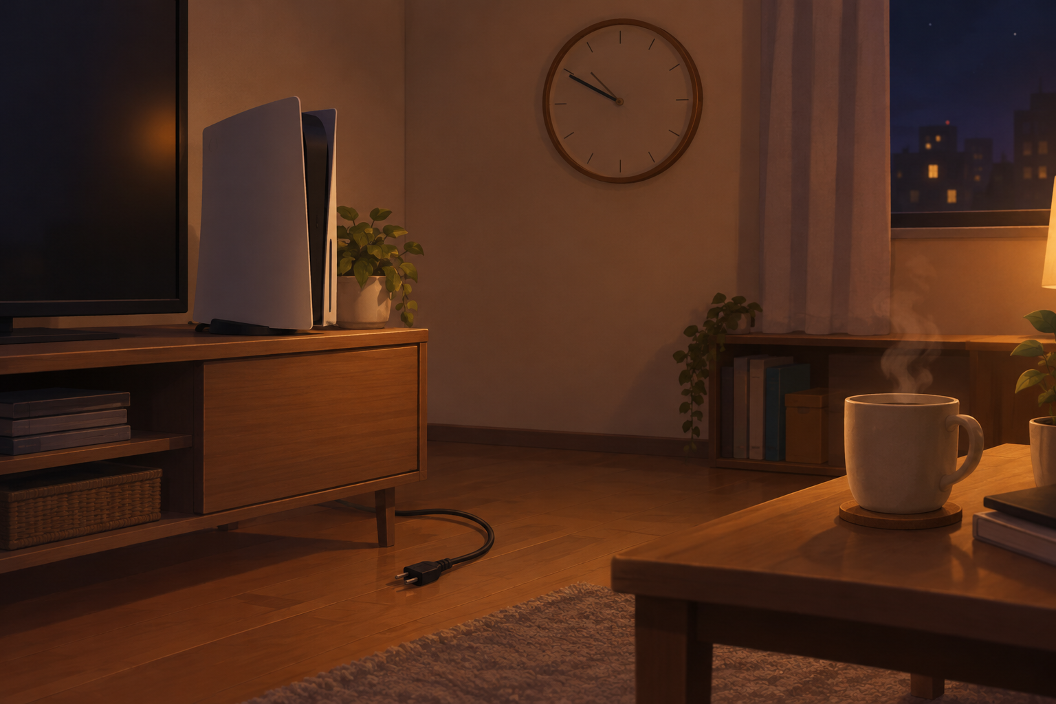 電源ケーブルを抜いて、ゲーム機のそばでじっと待っている時計の情景