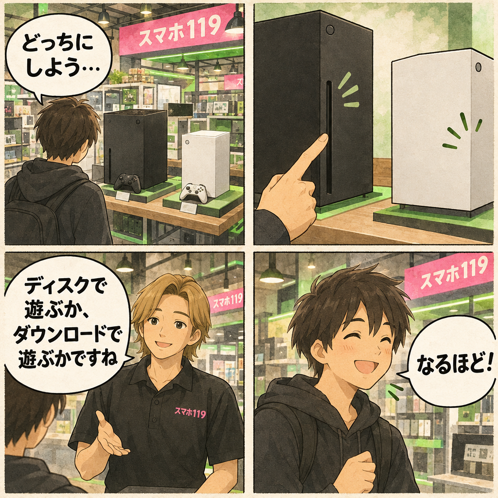 同じ日に出た、ディスクのある兄とディスクのない弟のゲーム機を前に、お客さんが迷う4コマ漫画