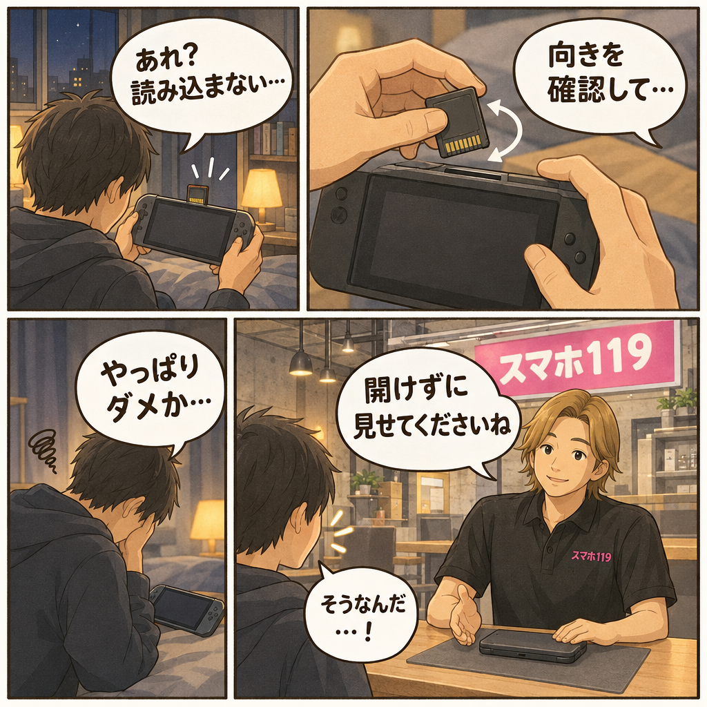 Switchがゲームカードを読み込まず、順番に確かめてから店に相談する4コマ漫画