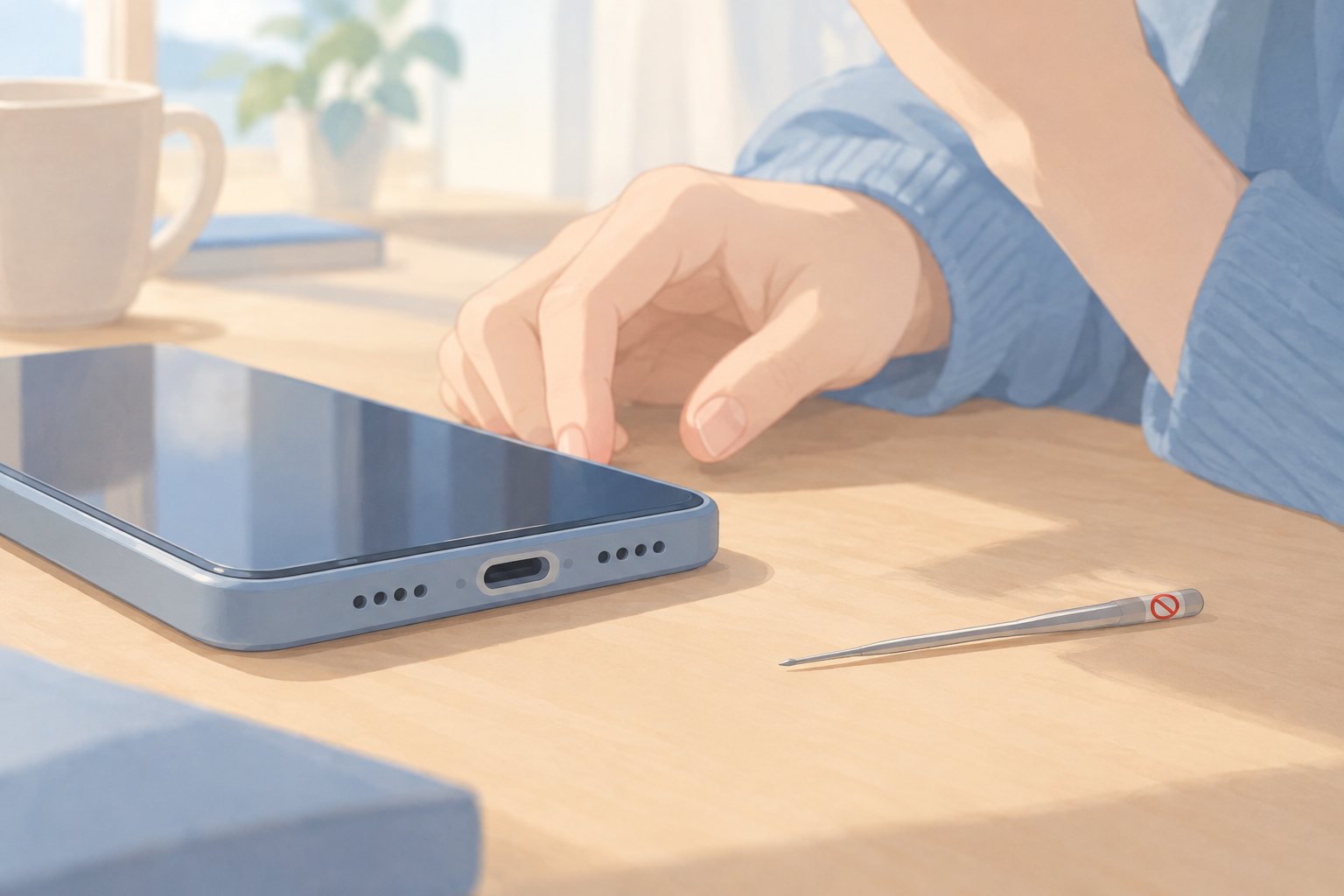 スマホの充電口をのぞきこみながら、無理に突っ込まずに手を止めている情景