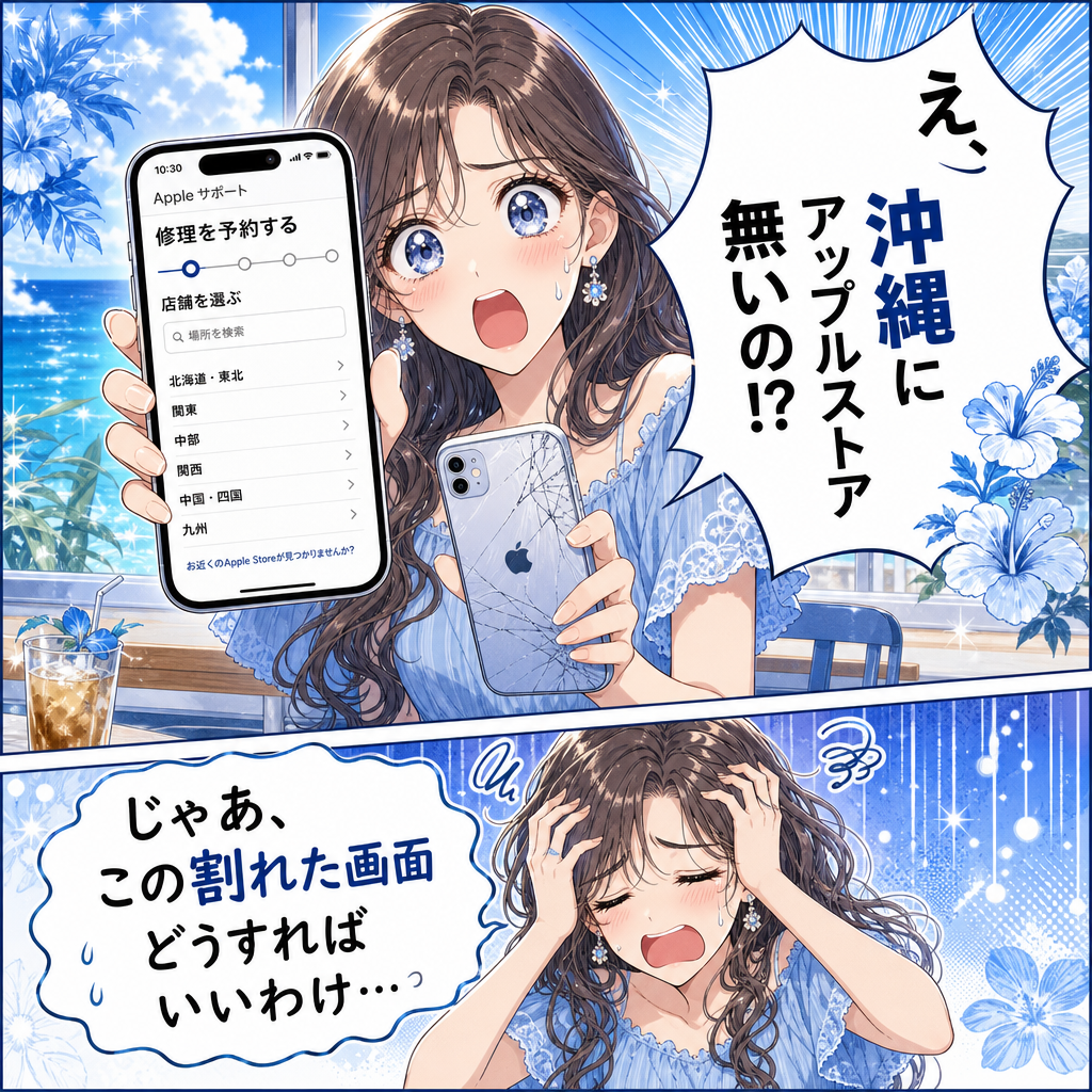 沖縄にアップルストアが無いと知って驚くお客様の4コマ漫画