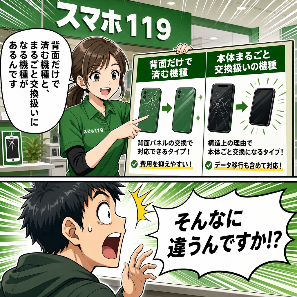 背面ガラス修理が本体交換扱いになると高額になることを説明する漫画