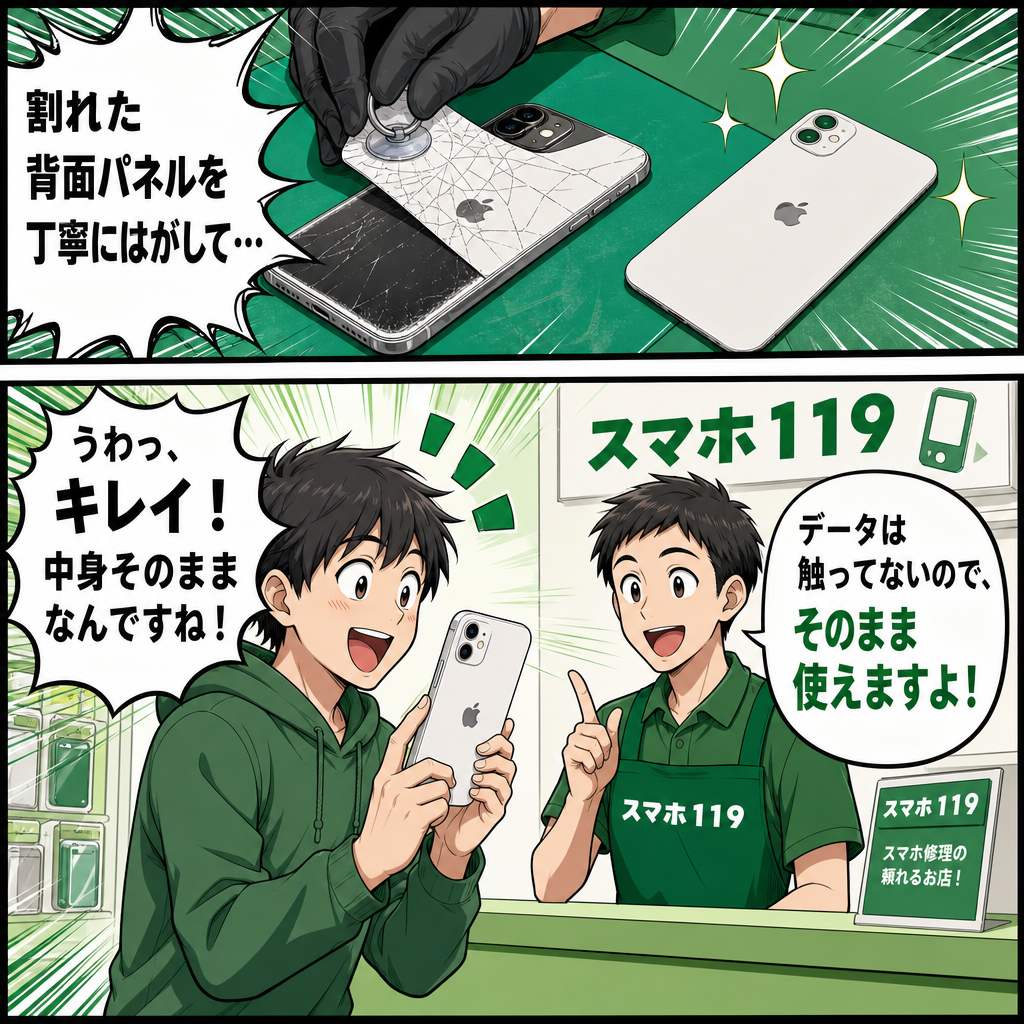 背面ガラスを交換して背中がきれいになったiPhoneを受け取る場面の漫画