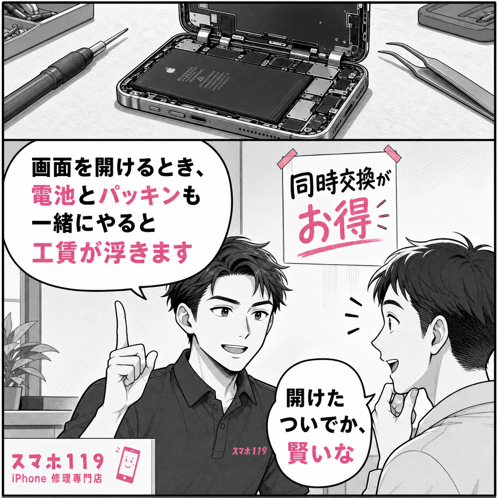 画面修理と同時にバッテリーと防水パッキンを交換すると得になる説明の漫画