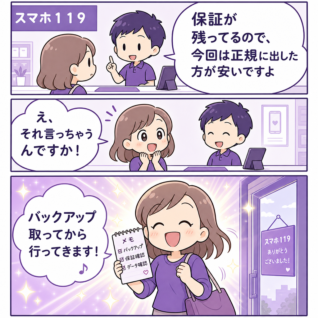 正規と街の修理店の使い分けを相談する場面の漫画