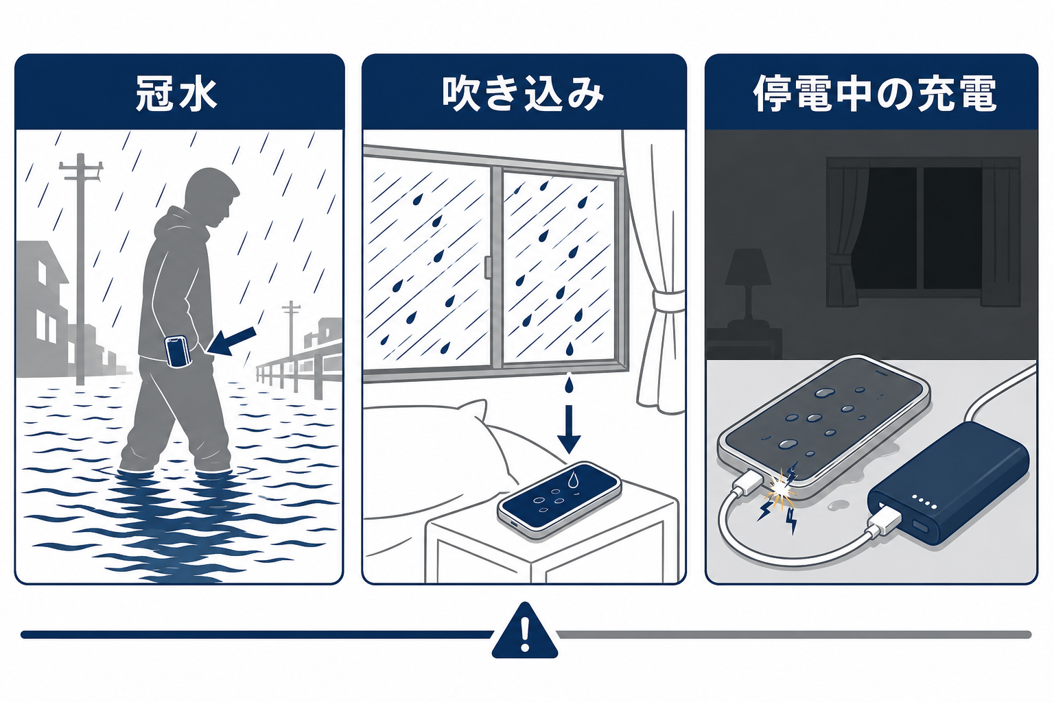 台風の日にスマホが濡れる三つの入口を示した図解
