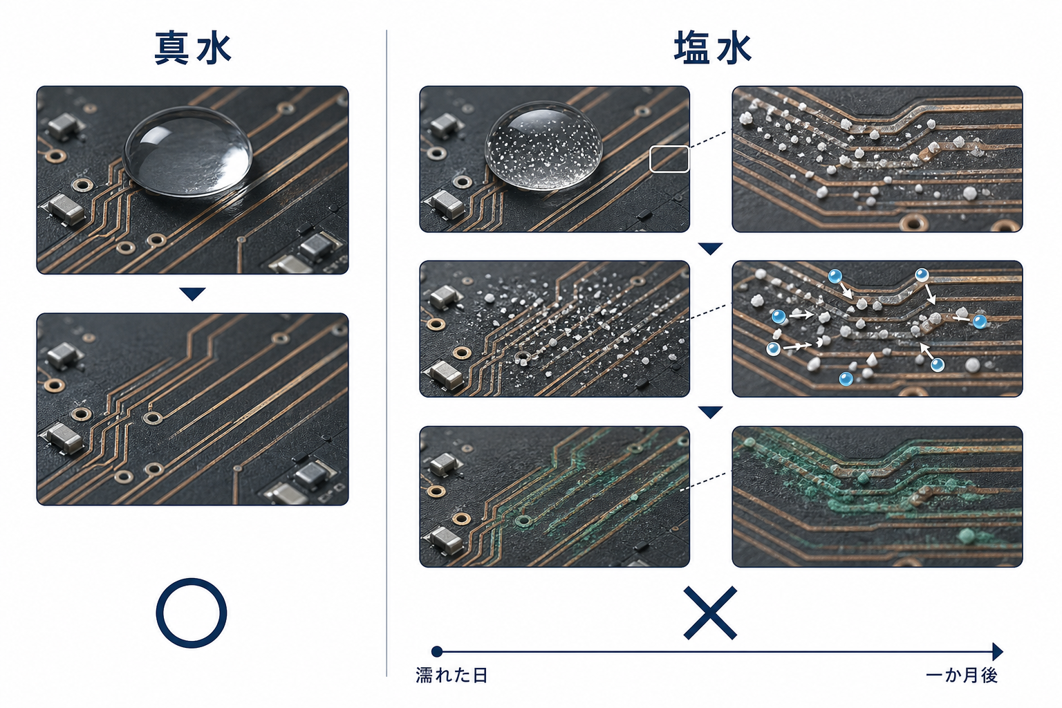 真水と塩水で乾いたあとの残り方が違うことを比較した図解