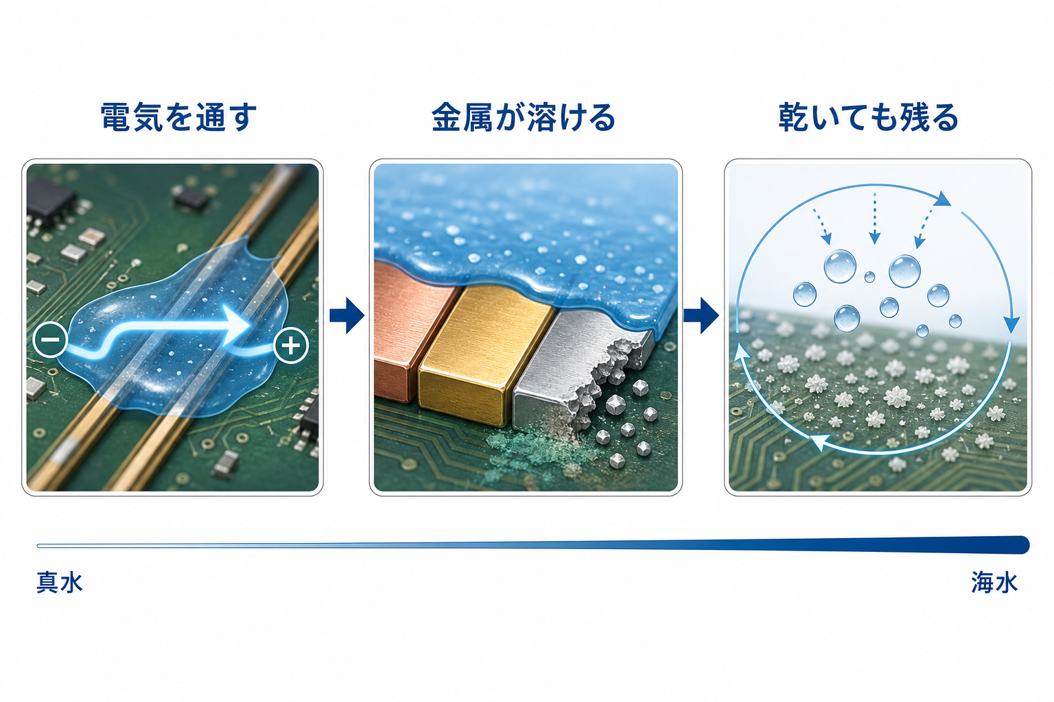 塩分が電気を通し金属を溶かし乾いても残る三段階の図解