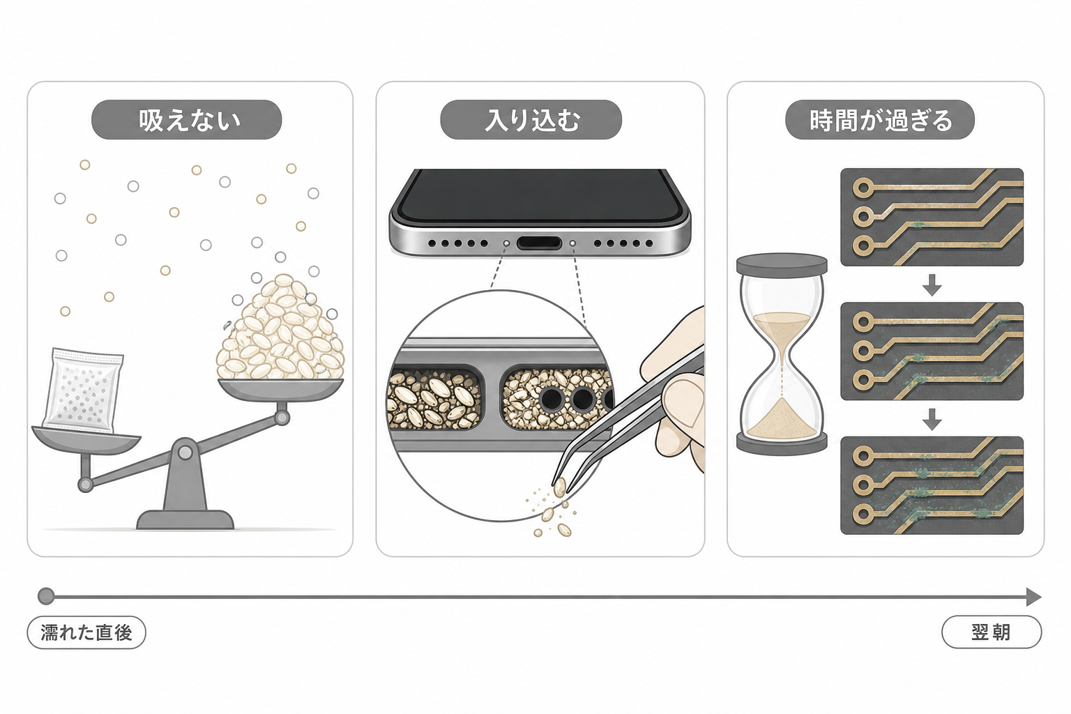 生米が水没スマホに効かない三つの理由を並べた図解