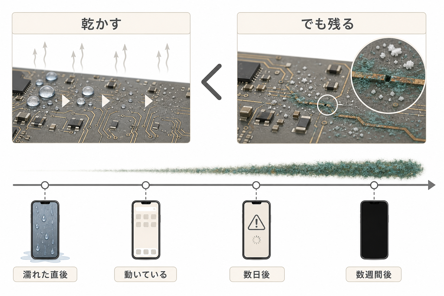 乾かしても腐食は戻らないことと時間の経過で症状が出る流れの図解