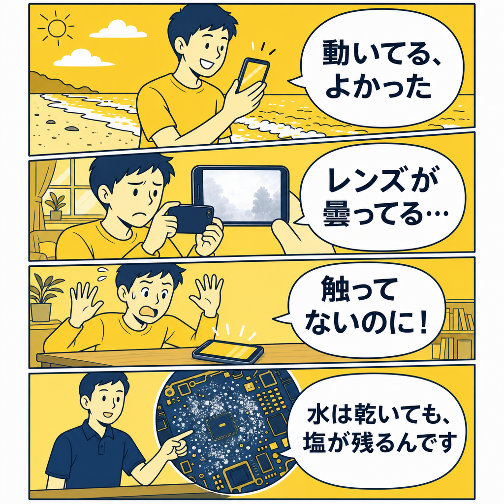 海から拾ったスマホが動いて安心した数日後に不具合が出てくる4コマ漫画