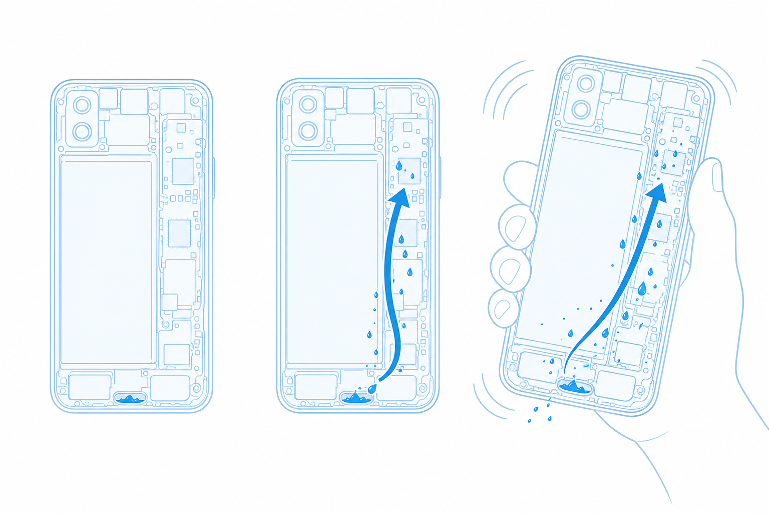 スマホを振ると内部の水が基板側へ移動することを示した図解
