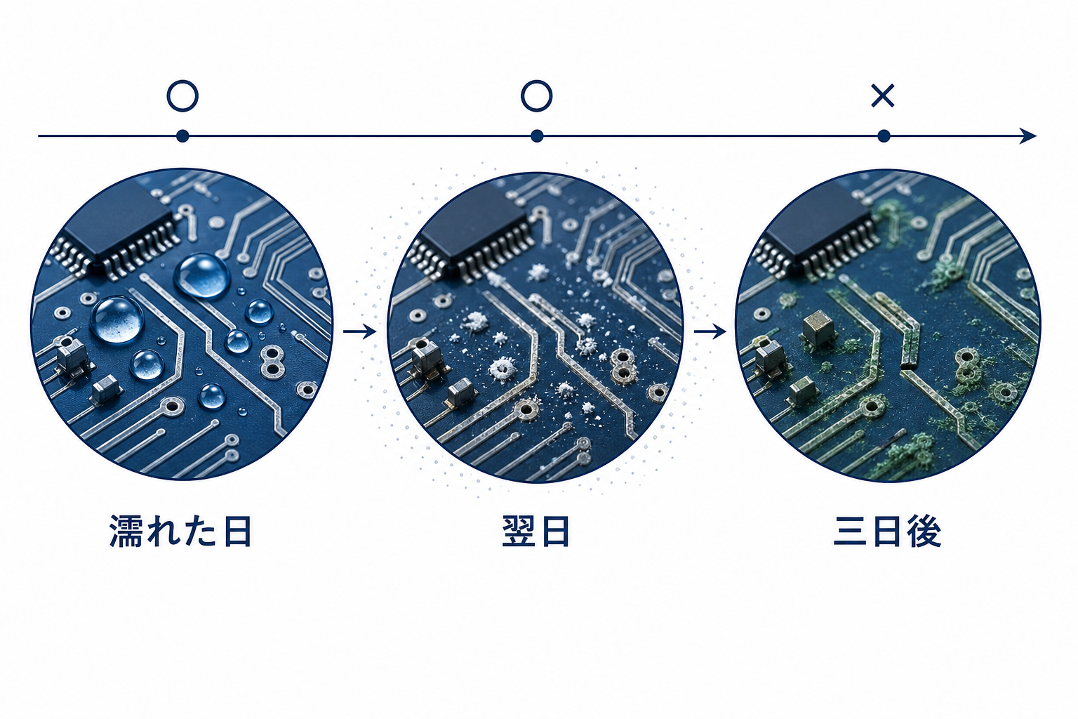 海水が乾いて塩の結晶が残り時間差で認証が落ちるまでの経過図解