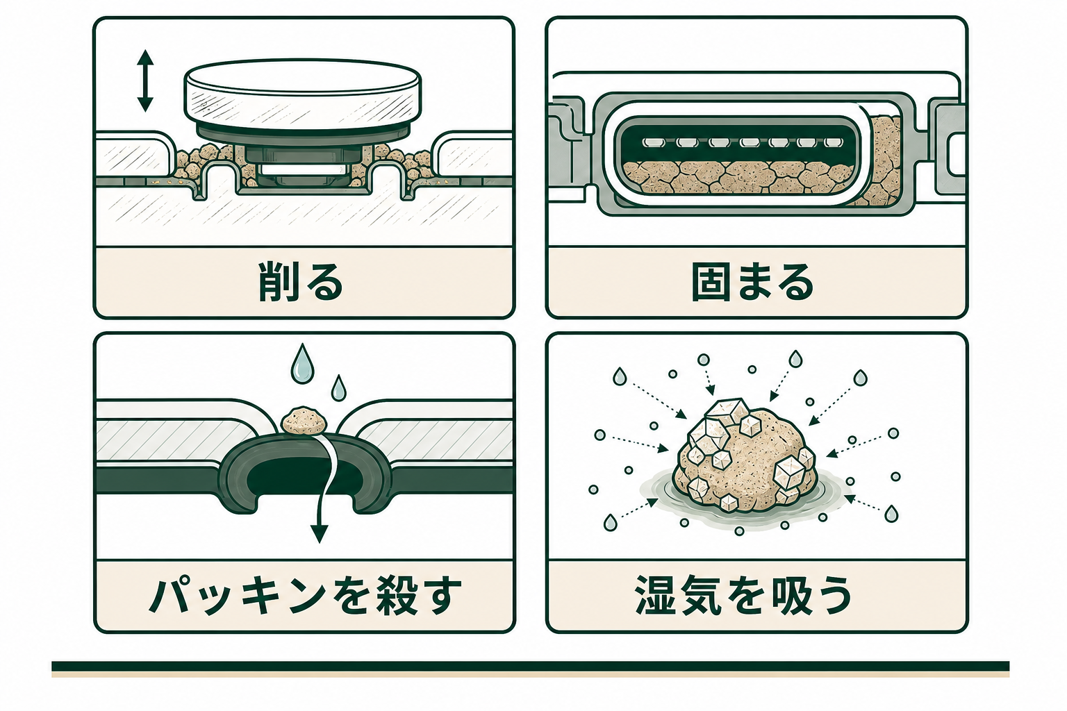 端末に入った砂が削る固まるパッキンを傷める湿気を吸うという四つの害を示した図解