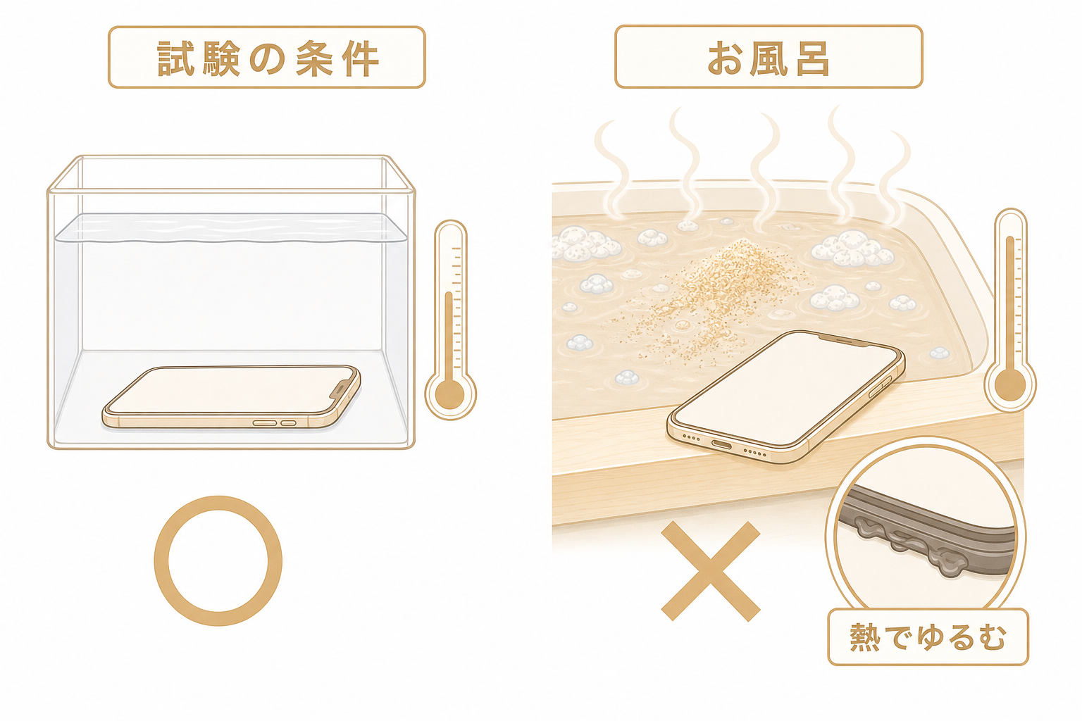 防水試験の条件とお風呂の環境がどれだけ違うかを並べた比較図