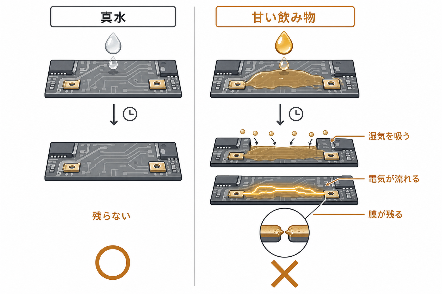 真水と糖分入りの飲み物で乾いたあとの残り方を比べた図解
