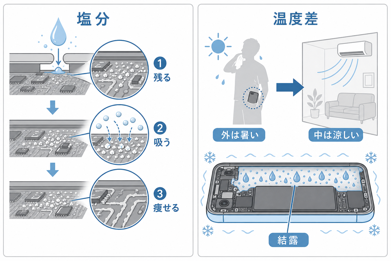 汗の塩分と冷房の温度差による結露の二つの経路を示した図解